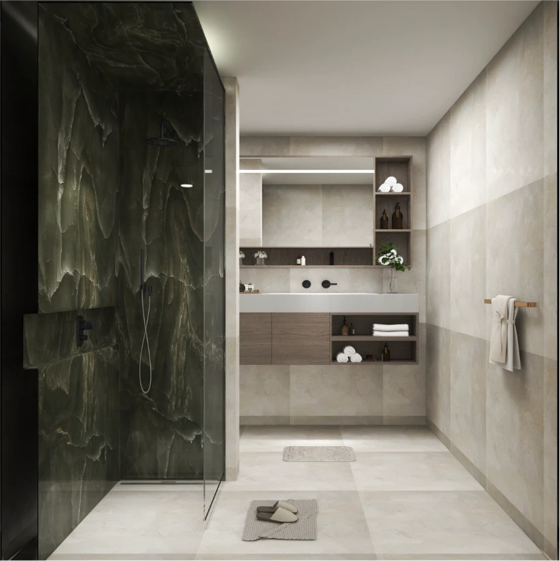 Example 3D visualisation — master bathroom with marble walk-in shower, floating vanity and illuminated mirror