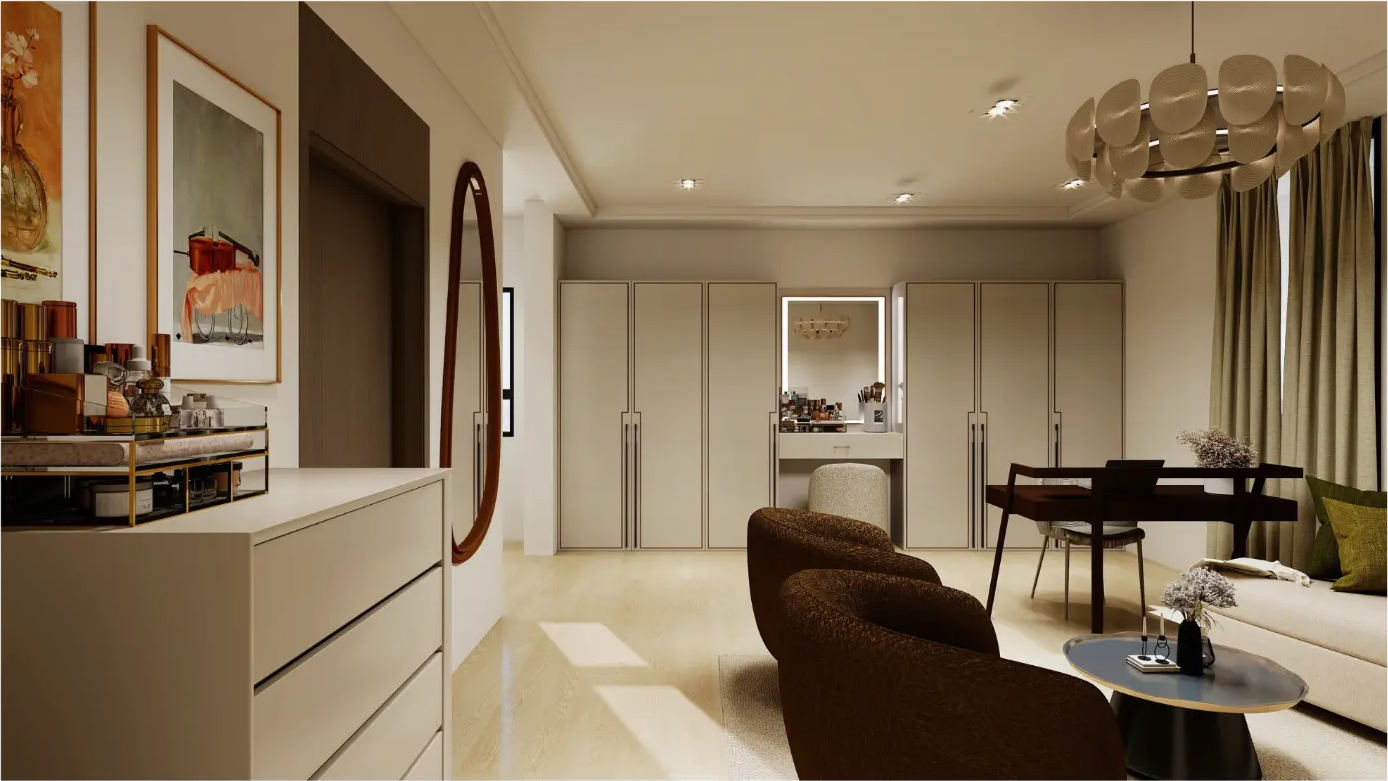 Example 3D visualisation — master closet and study with built-in wardrobes, vanity and study nook
