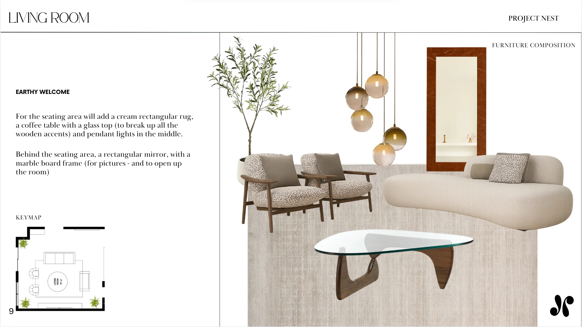 Example 2D design sheet — living room with furniture composition and keymap