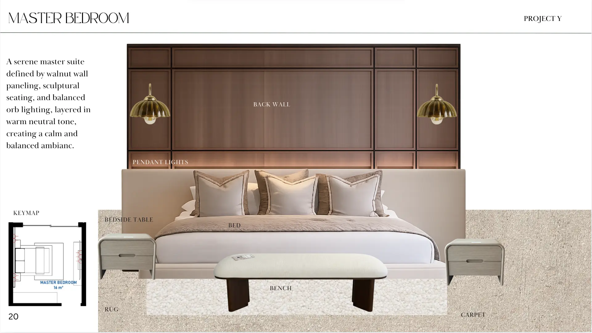 Example 2D design sheet — master bedroom with furniture composition and keymap